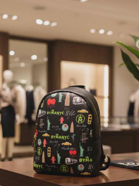 Black backpack with BYMANYC, New York City landmarks, displayed in store.
