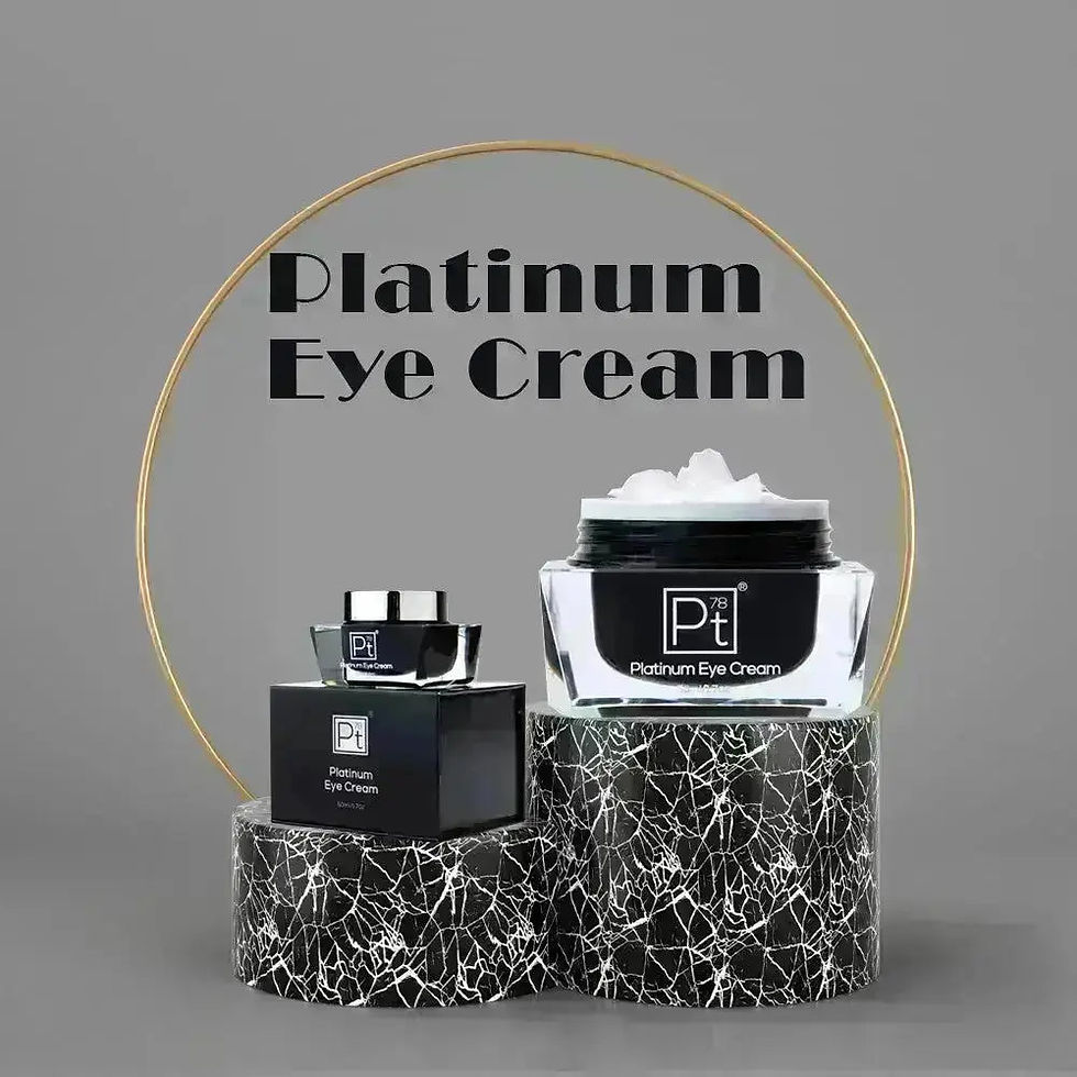 Platinum Eye Cream jars and box displayed on marble pedestals.