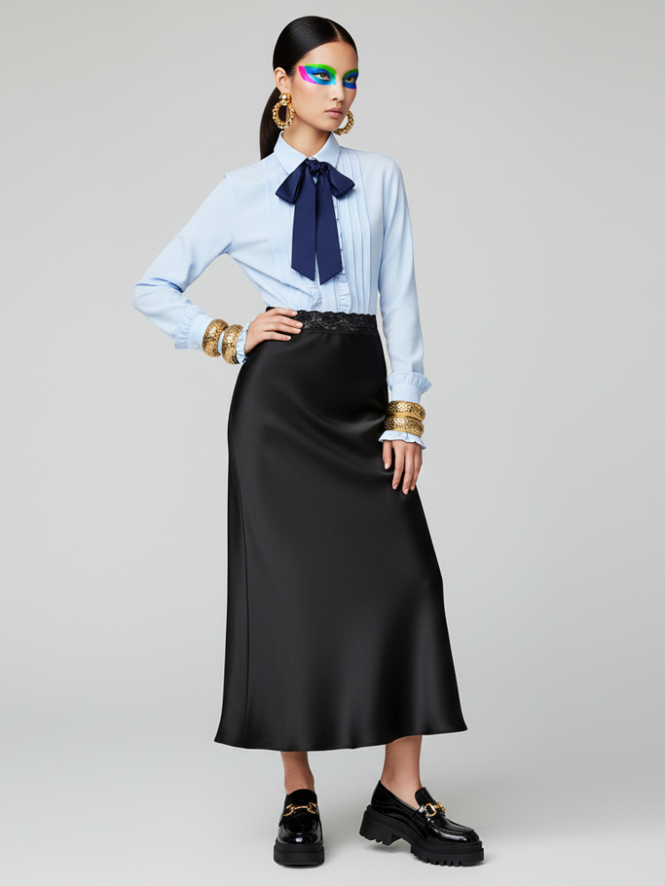 Elegant woman in blue pleated blouse, navy bow, black satin midi skirt.