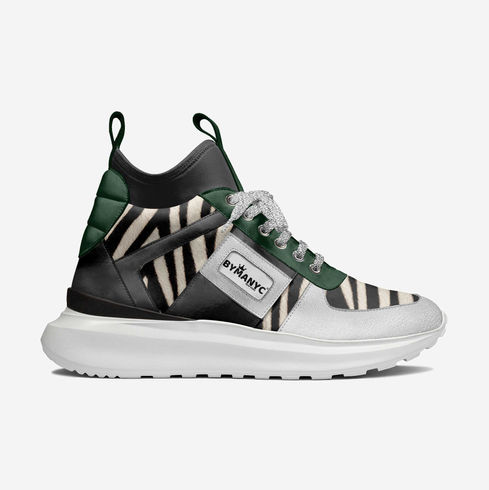 High-top sneaker featuring black, white, green, zebra stripes, and BYMANYC label.