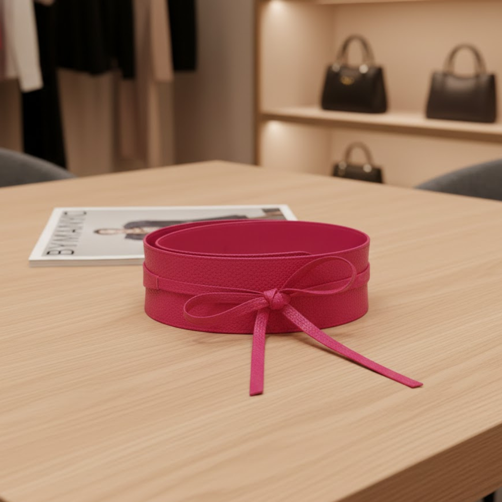 Pink belt with bow on wooden table, VOGUE magazine nearby.
