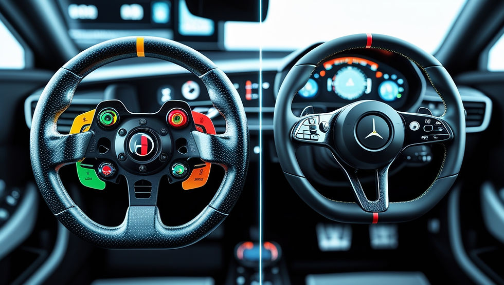 Ilustração mostrando a evolução dos volantes multifuncionais da Fórmula 1 para veículos modernos com controles integrados e HUDs.