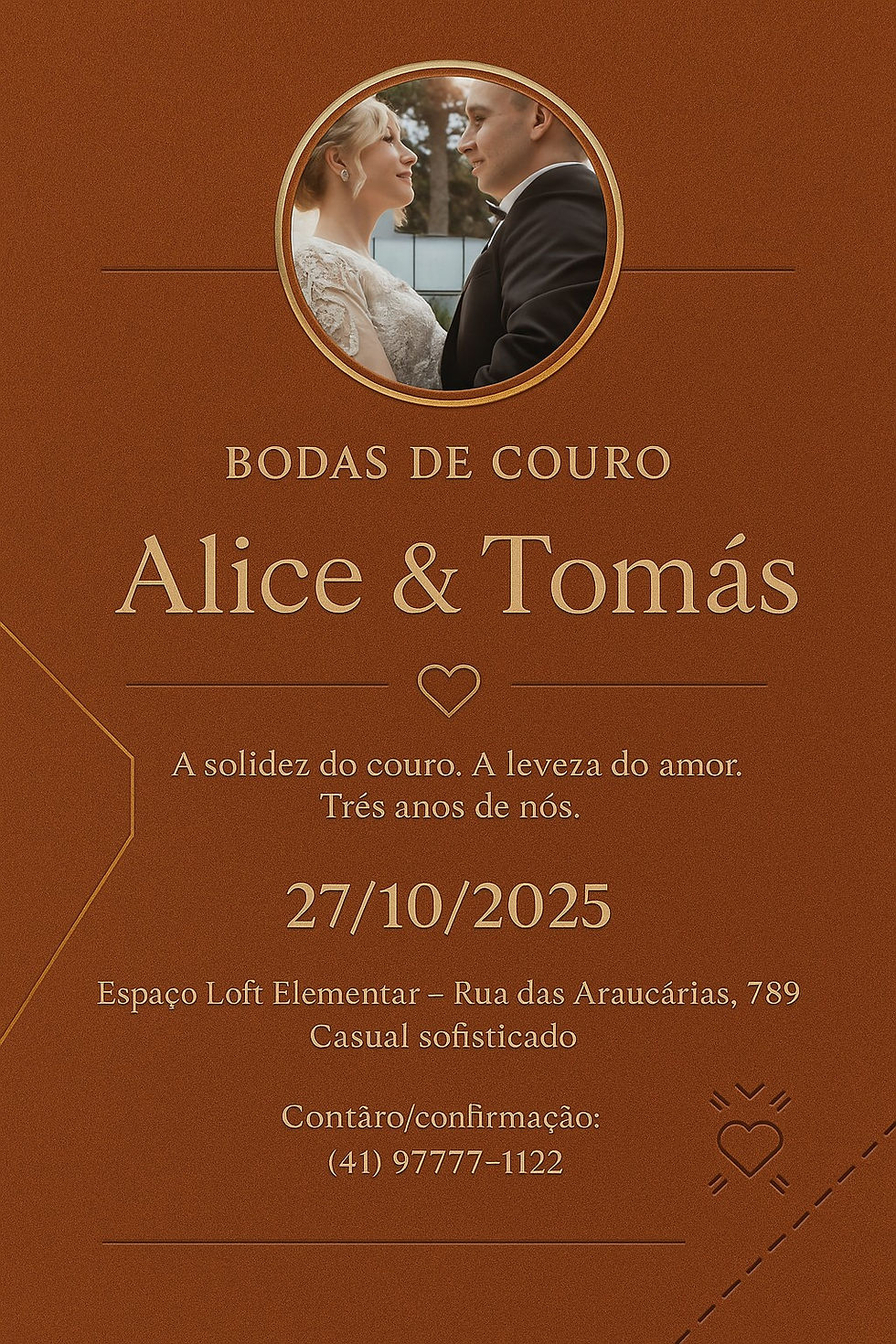 Convite moderno de 3 anos de casamento com temática de couro, design ousado e elementos visuais estilizados. Gerado com inteligência artificial via ChatGPT.
