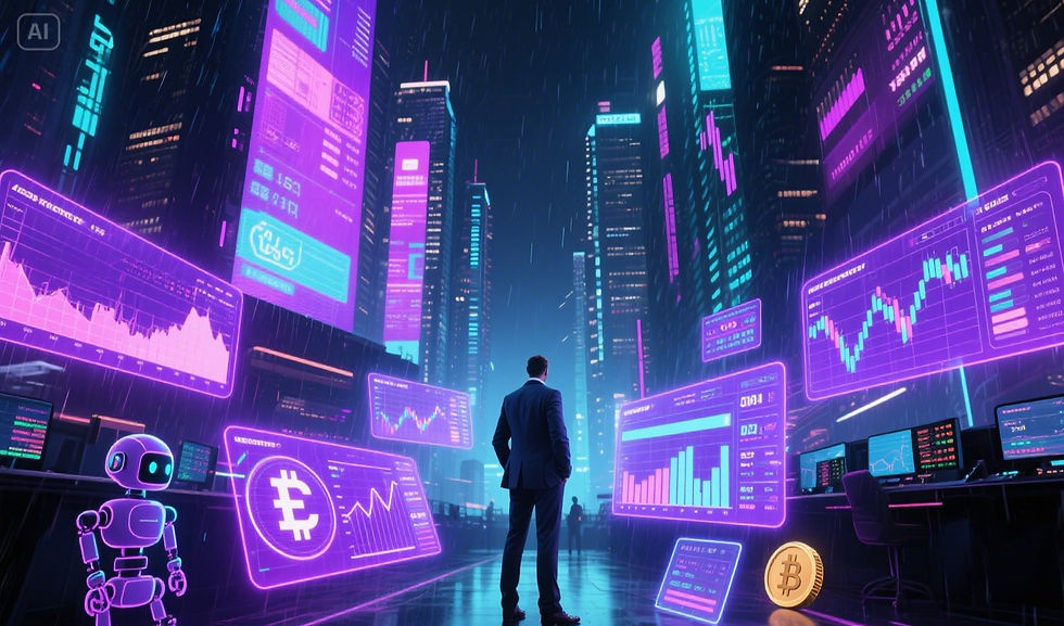 Cyberpunk-style image of an investor using AI panels for crypto trading and financial analysis in a neon-lit cityscape.