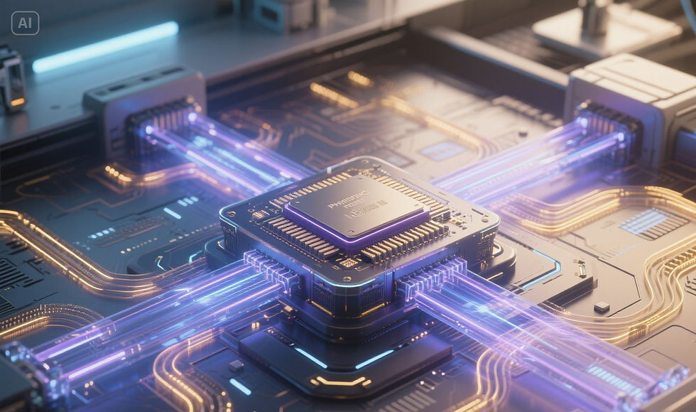 Photorealistic image of a photonic chip with optical circuits and light emissions, illustrating the function of photonic processors—an emerging technology in advanced computing.