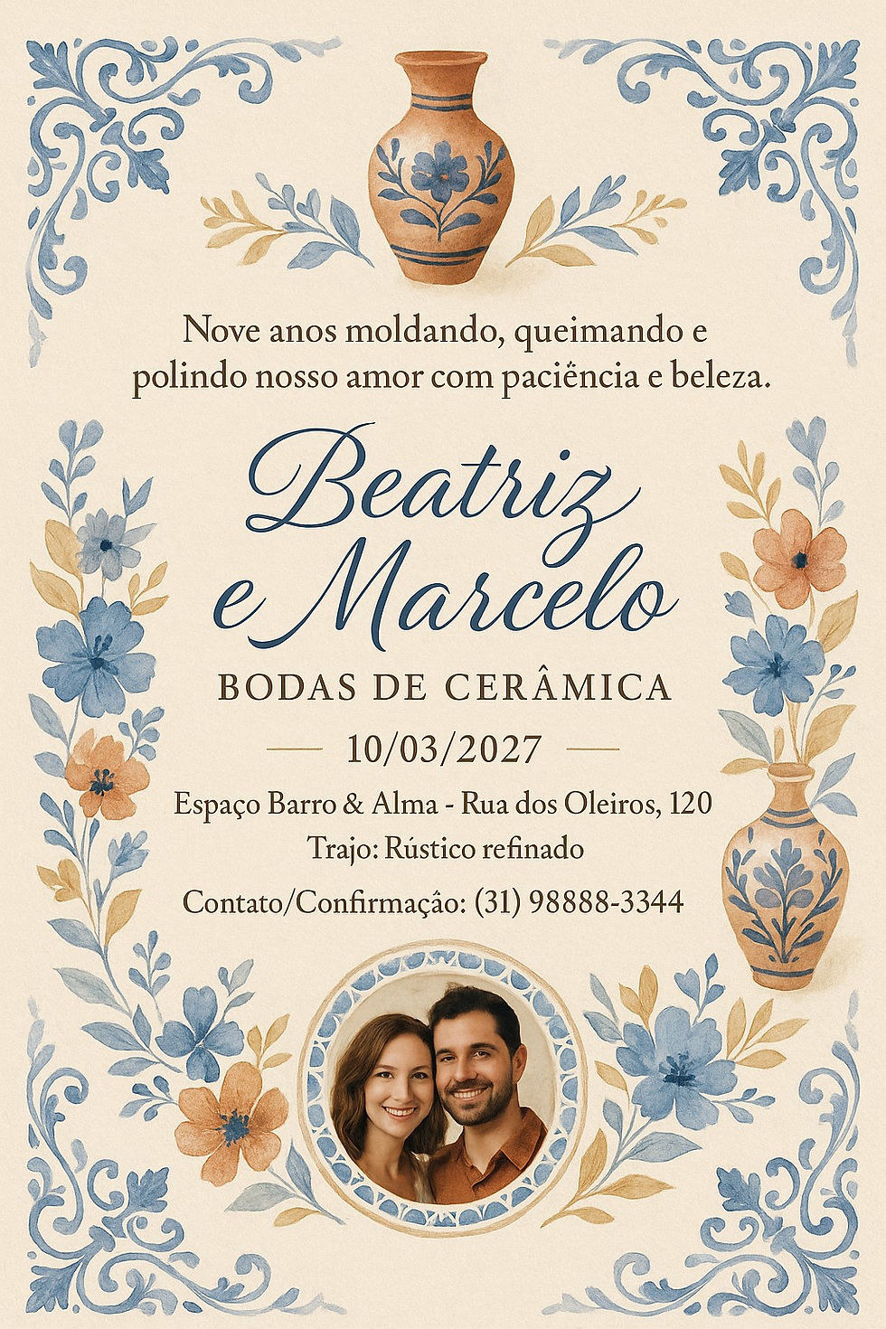 Convite para Bodas de Cerâmica, com design artesanal e ornamentos inspirados em azulejaria e louça pintada à mão. Criado com ChatGPT.