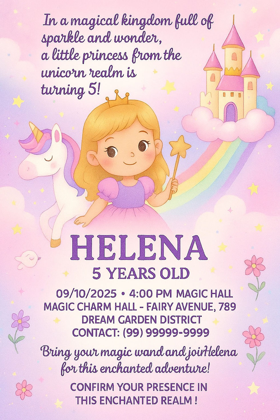 Magical unicorn birthday invitation for a girl, featuring a princess, unicorn, floating castle, and rainbow in a dreamy pastel fantasy theme.