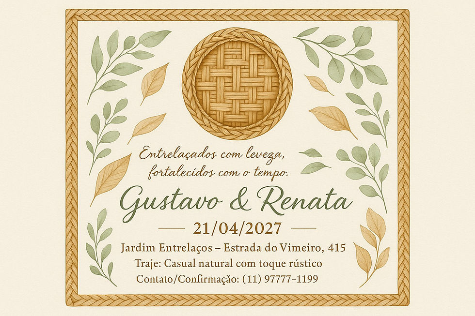 Convite moderno para aniversário de casamento de 9 anos com tema de vime, design orgânico e molduras inspiradas em cestaria. Exemplo gerado com ChatGPT.