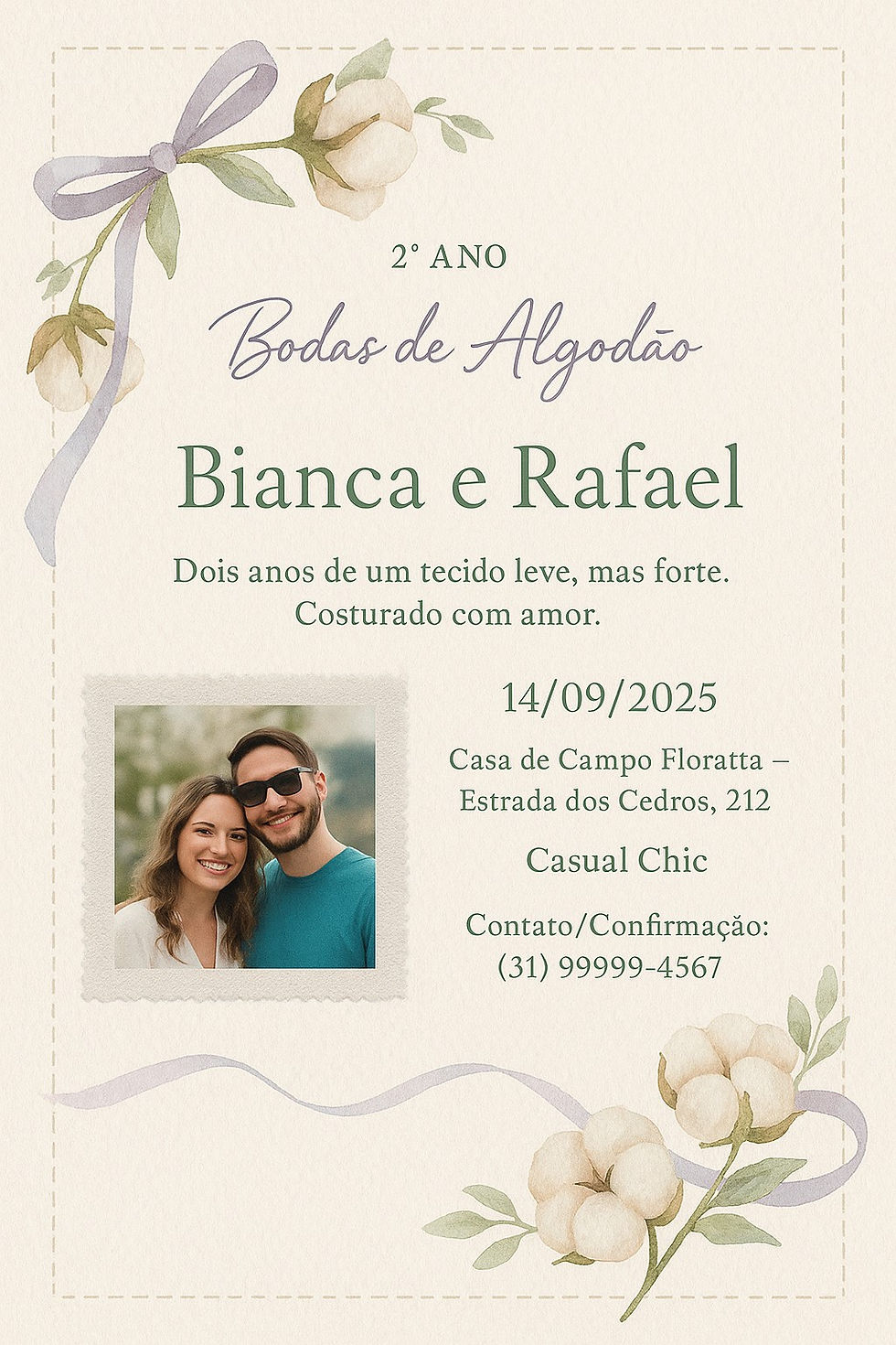 Convite clássico de bodas de 2 anos com tema de algodão, apresentando texturas suaves e design romântico. Modelo criado com prompt do ChatGPT.
