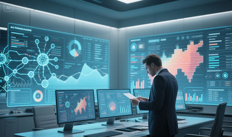 Conceptual image of a professional investment environment using AI, with predictive charts, financial reports, and advanced machine learning analysis.
