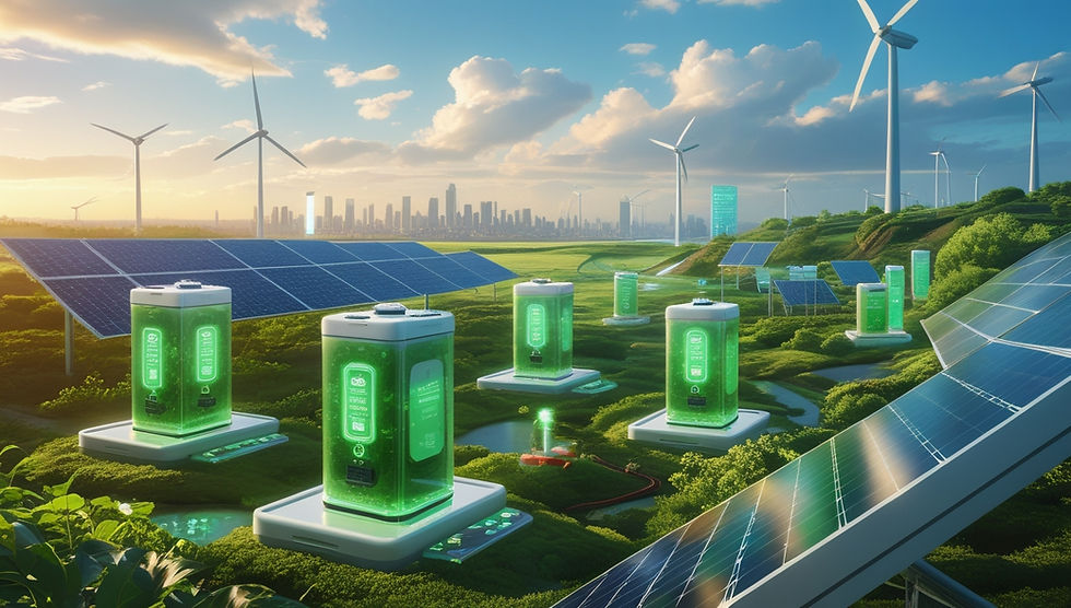 Illustration showing the transition from traditional batteries to eco-friendly energy storage technologies like sodium-ion, organic, and solid-state batteries.