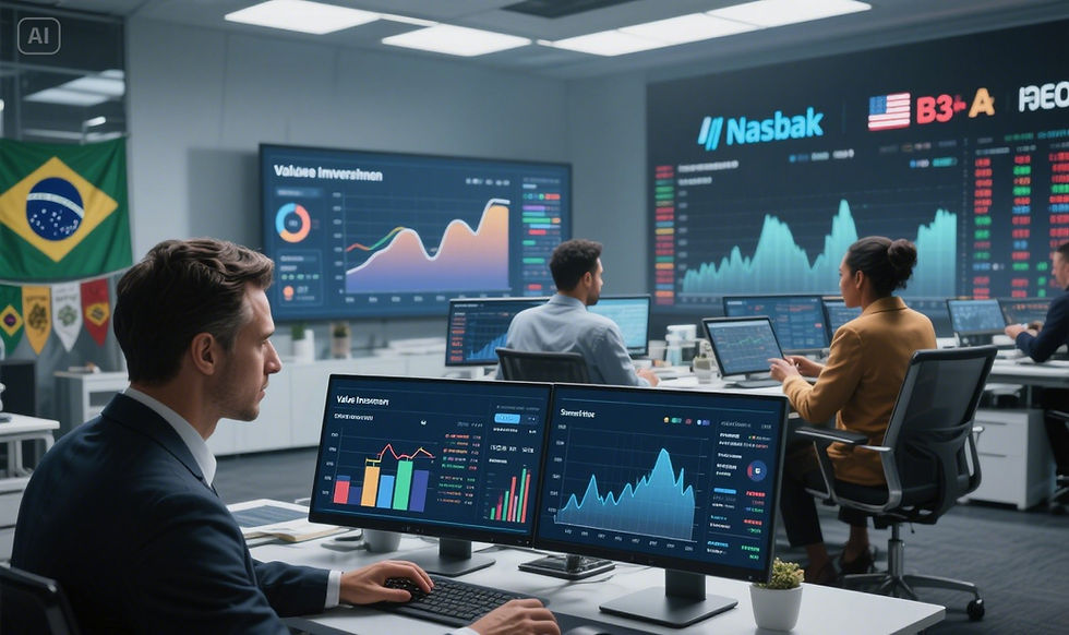 Photorealistic image of investors in distinct environments using personalized artificial intelligence for stock analysis, based on styles like value investing, technical analysis, and quantitative filters.