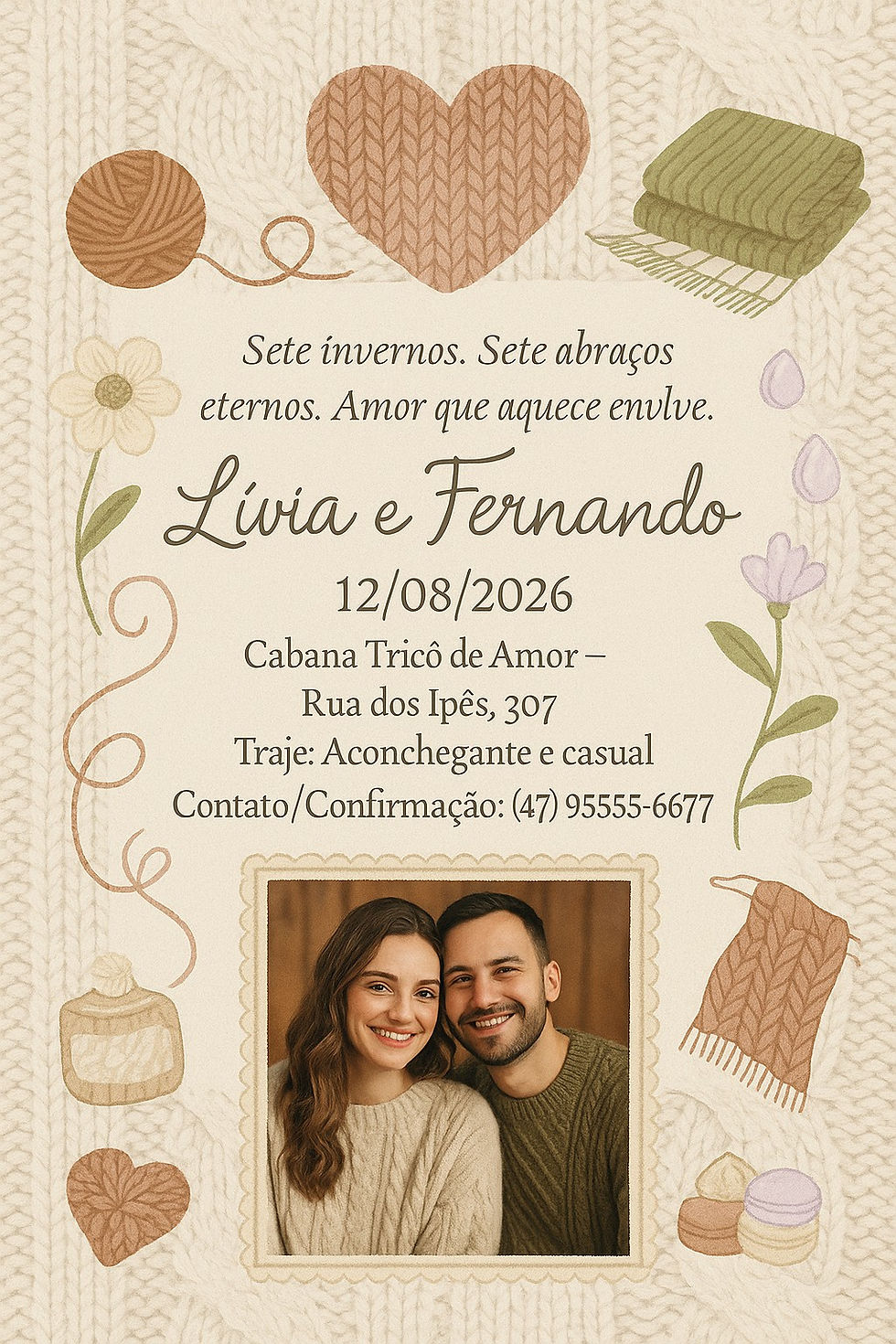 Convite moderno para 7 anos de casamento com tema de lã, estilo minimalista e elementos visuais que remetem à suavidade e conforto. Gerado por IA.