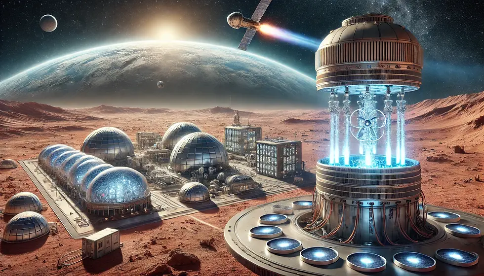 Imagem futurista de um reator nuclear espacial fornecendo energia para uma colônia em Marte e uma espaçonave em órbita. O reator emite um brilho azul enquanto alimenta biodomes e laboratórios de pesquisa, enquanto uma nave equipada com um sistema de propulsão nuclear de fusão brilha no espaço profundo. Representação visual do papel da energia nuclear na exploração interplanetária e interestelar.