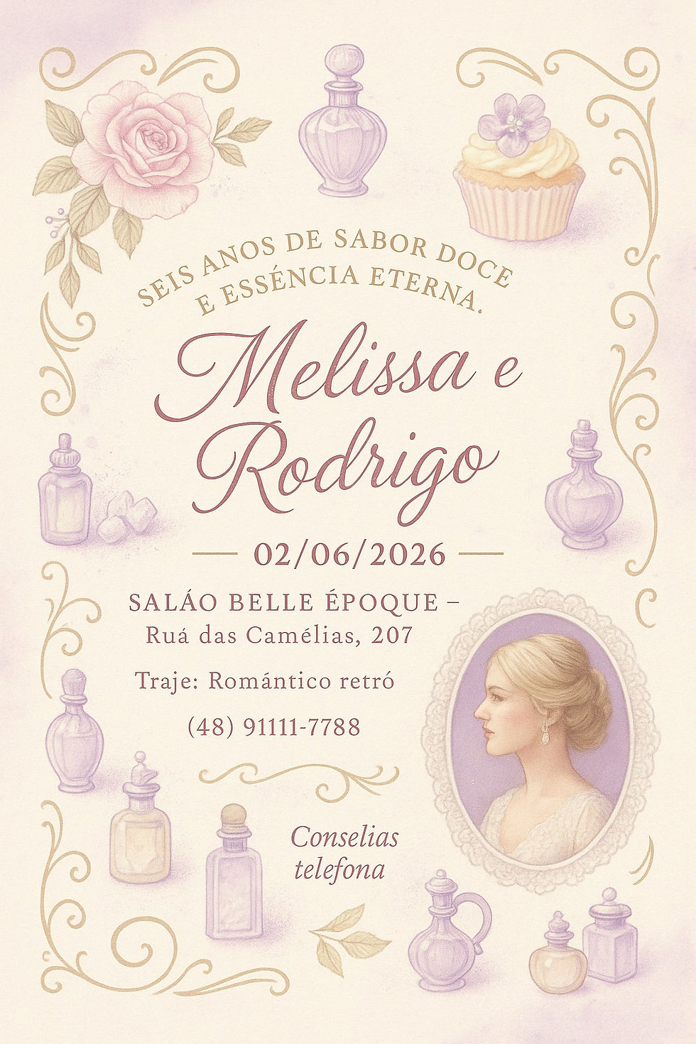Convite clássico para Bodas de Açúcar com estilo doce e romântico, cores suaves e ornamentos florais delicados. Exemplo criado com ChatGPT.