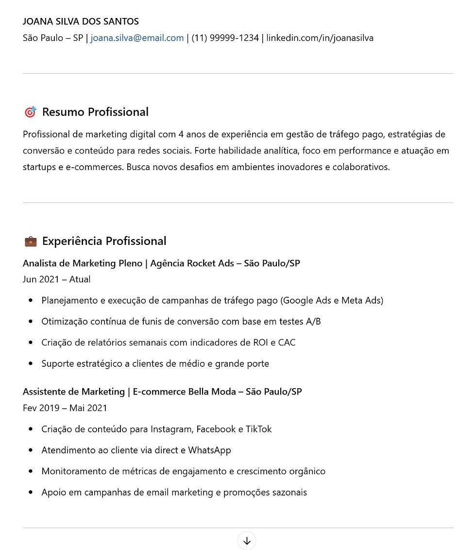 Exemplo de currículo gerado com ChatGPT, formatado para Word, com resumo profissional, experiências, formação e habilidades técnicas.