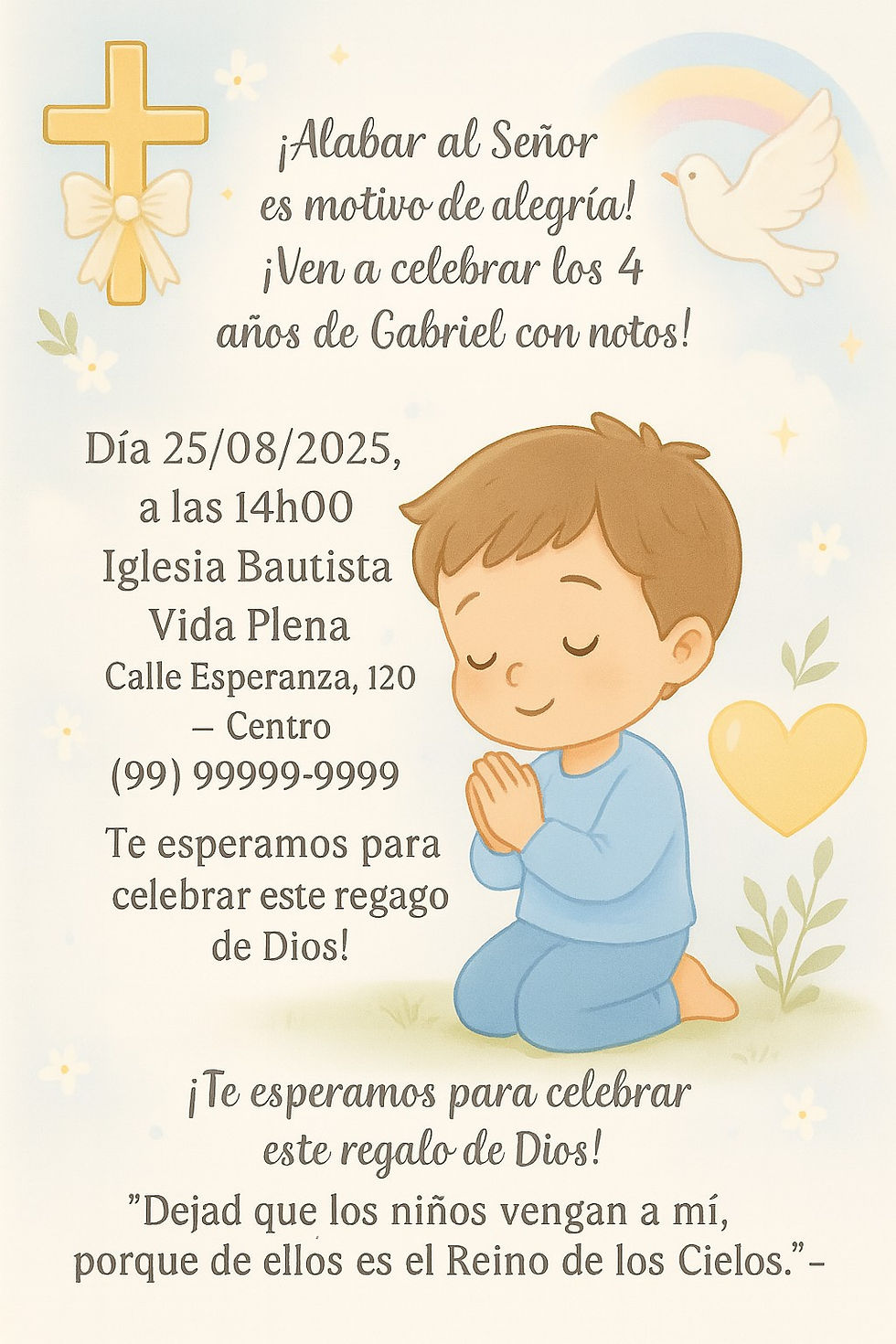 Invitación de cumpleaños infantil cristiana con niño orando, cruz dorada, paloma blanca y arcoíris en estilo suave pastel — ideal para fiestas con temática de fe.