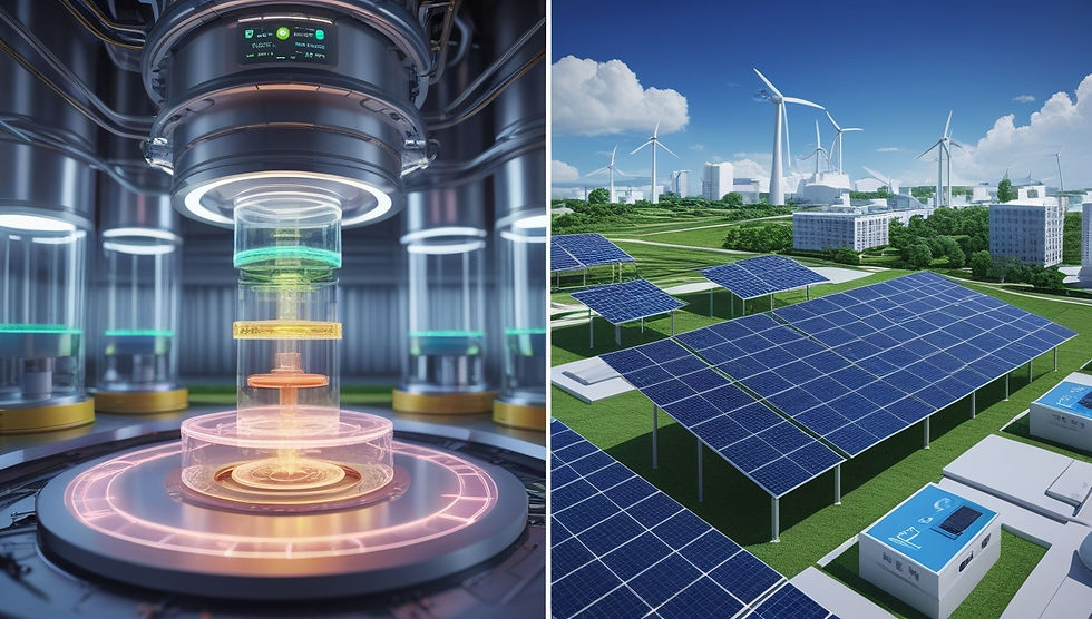 Composite image illustrating hybrid battery architectures and their role in intelligent renewable energy networks, including peer-to-peer and IoT-based energy sharing.