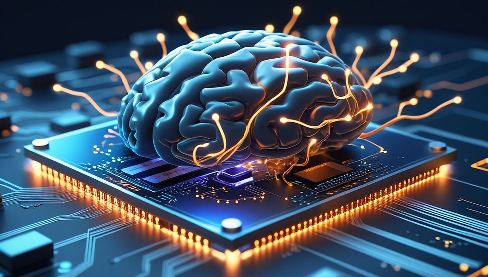 Photorealistic image of a neuromorphic chip with brain-like structures, representing neuromorphic computing architecture and future processor designs.