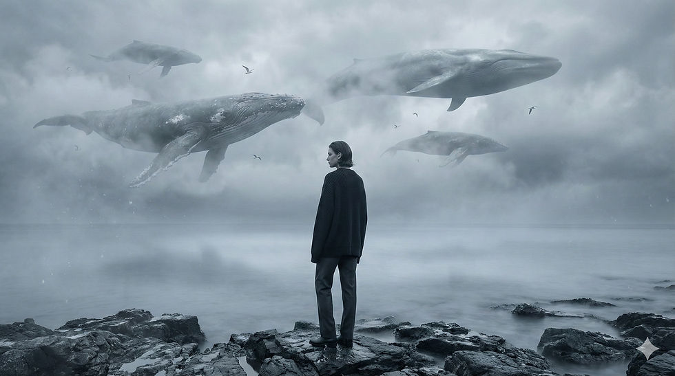 Pessoa sobre rochas costeiras diante de um oceano enevoado, com baleias flutuando no céu em uma cena editorial surreal gerada por IA.