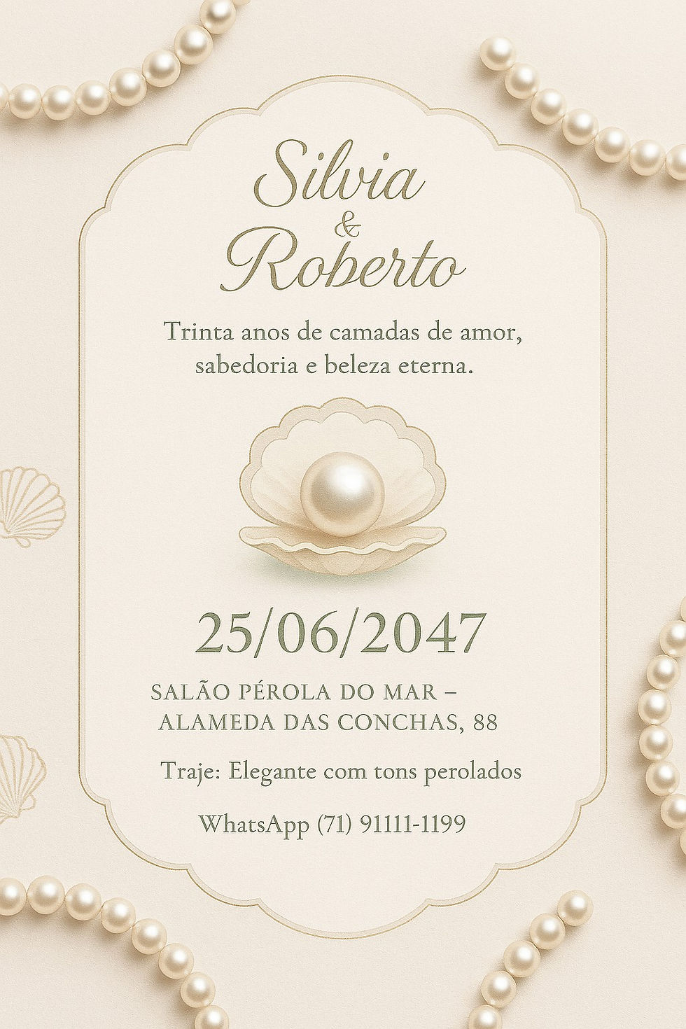 Convite de casamento para 30 anos – Bodas de Pérola, com design sofisticado e perolado, detalhes nacarados e visual que celebra a maturidade do amor. Exemplo gerado com IA.