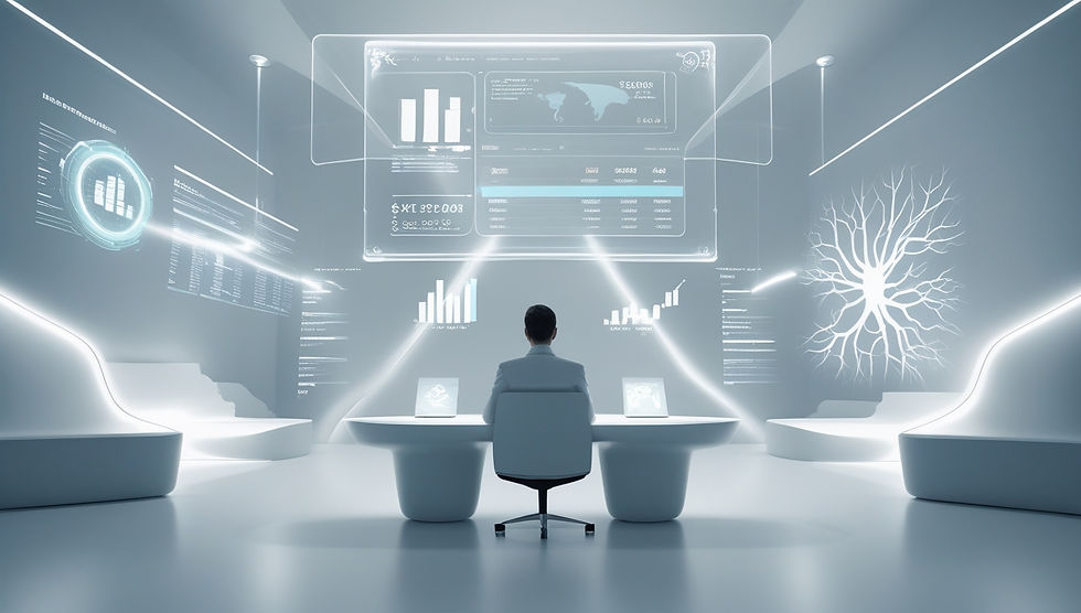 Sleek, futuristic workspace with financial AI, floating charts, and elegant design representing smart investing with real-time AI tools.