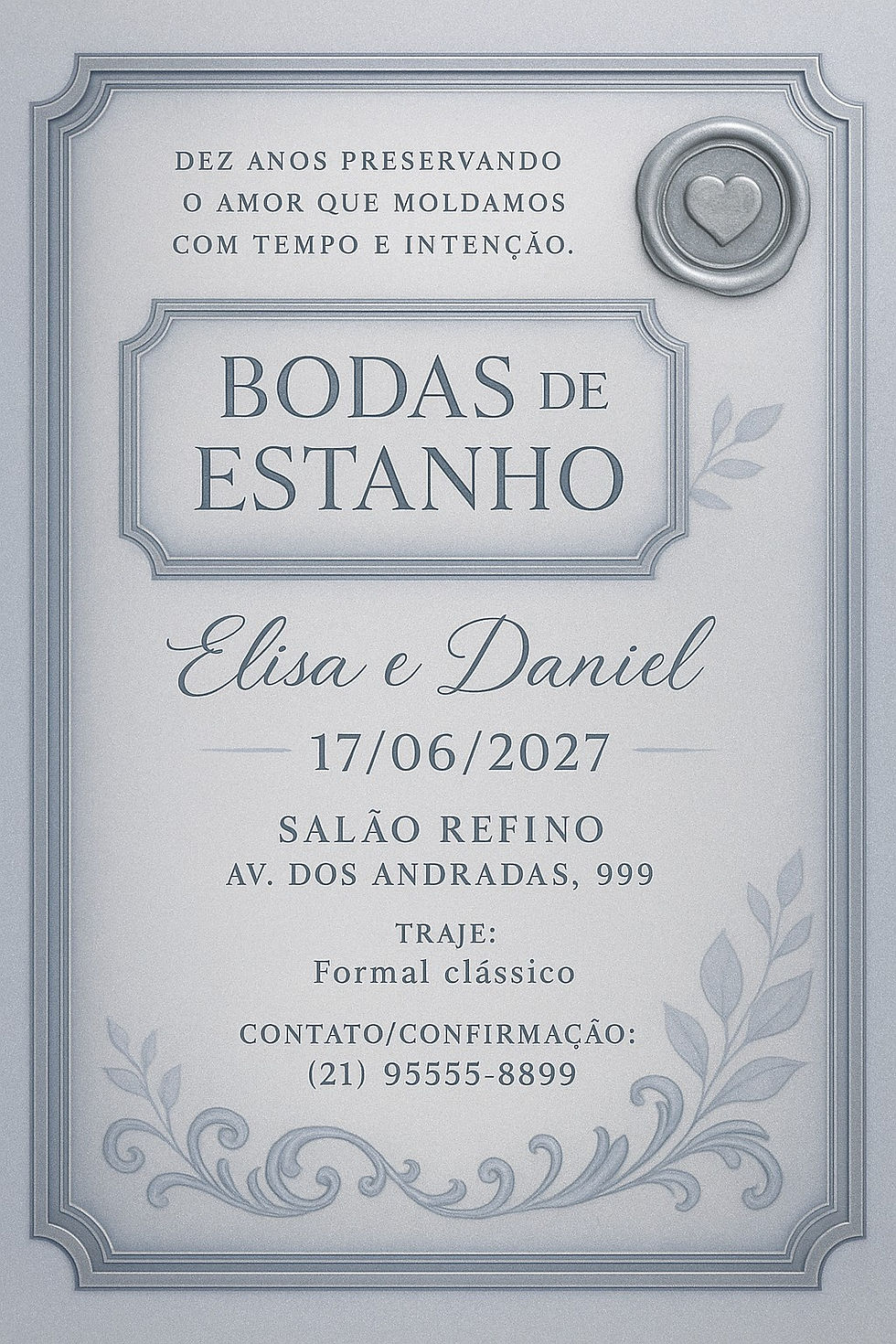 Convite para 10 anos de casamento com tema Bodas de Estanho, estilo metálico refinado com molduras em prata fosca. Criado com IA.