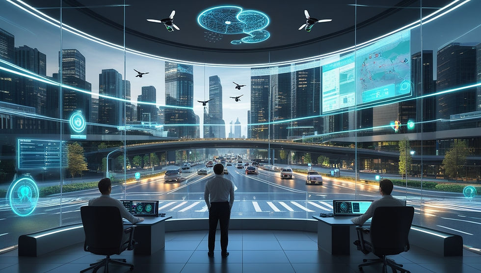 Imagem fotorrealista de uma central de comando de tráfego em cidade inteligente, com engenheiros operando sistemas de IA que controlam sinais inteligentes, drones, sensores e veículos autônomos.