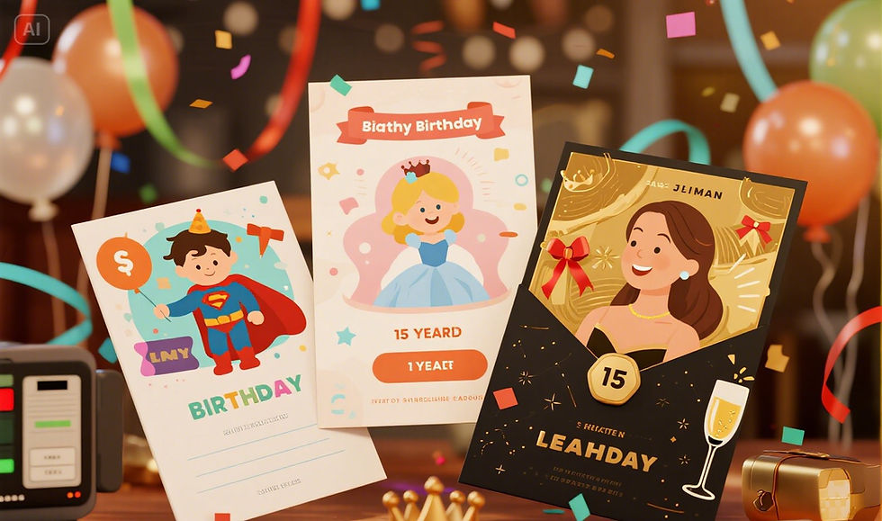 Image showing three birthday invitations created with ChatGPT — one for a child, one for a 15th birthday, and one for an adult, all in distinct styles.