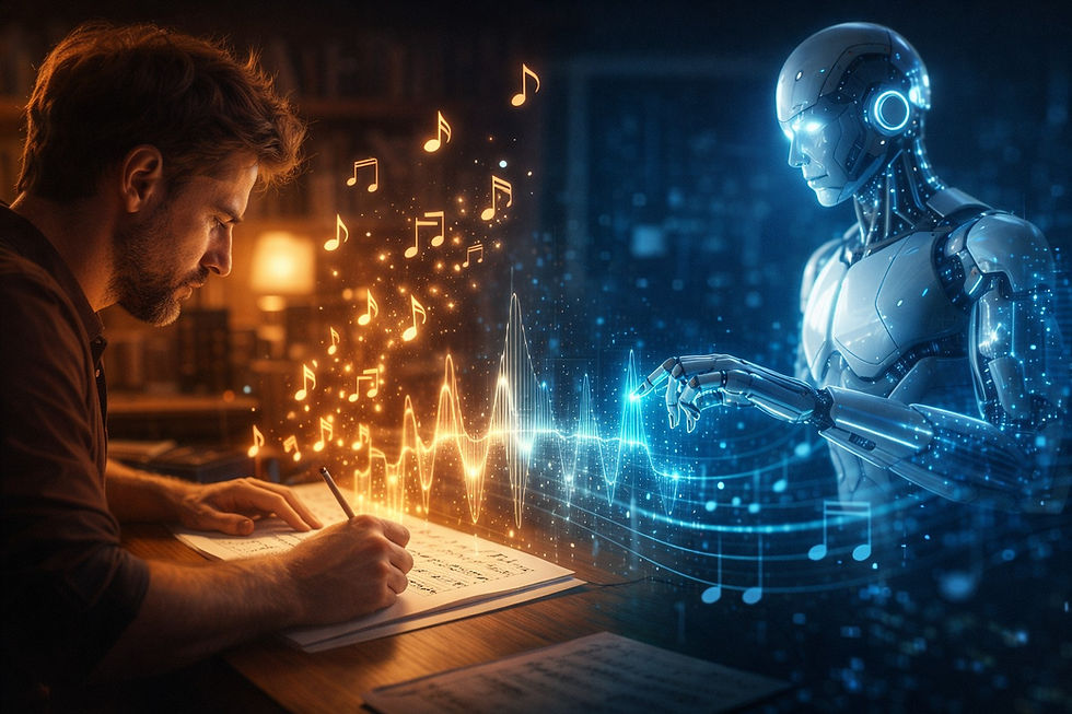 Ilustração de compositor escrevendo música em papel enquanto um robô de inteligência artificial organiza notas musicais digitais no ar, simbolizando a criação de música com IA.