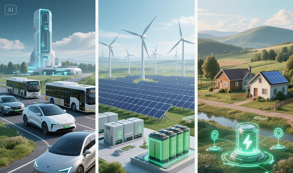 Infographic showing applications of green battery technologies in electric vehicles, solar power grids, and remote energy access for decentralized clean energy adoption.