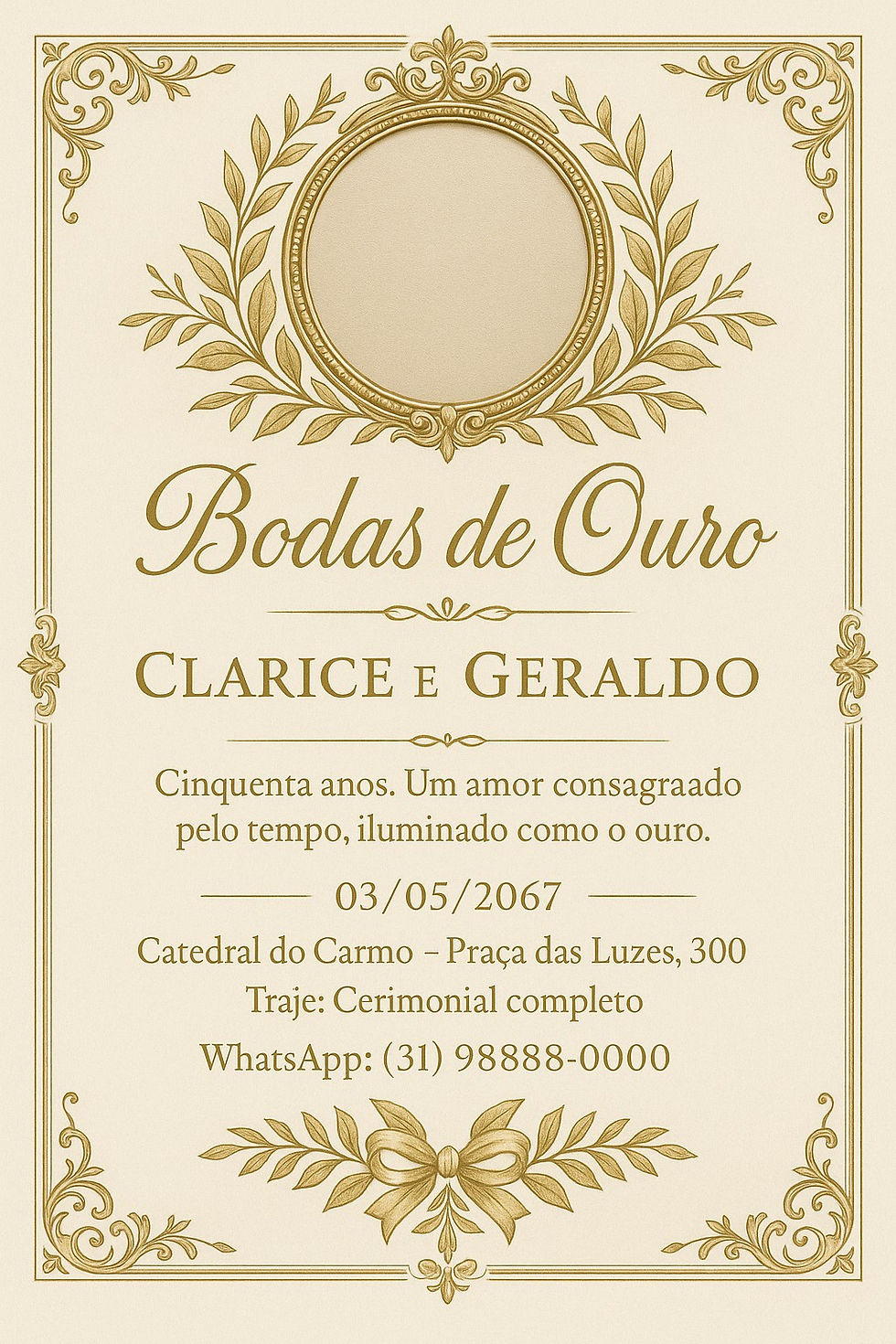 Convite dourado para 50 anos de casamento – Bodas de Ouro, com design majestoso, acabamento reluzente e símbolos que celebram meio século de união. Exemplo criado com inteligência artificial.