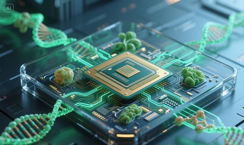 Photorealistic image of a biological chip with DNA molecules intertwined with digital circuits, illustrating bioprocessors and the future of life-inspired computing.