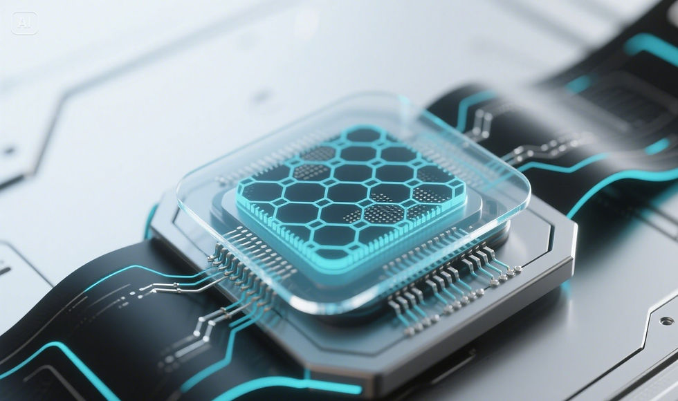 Photorealistic image of a graphene-based chip with a translucent hexagonal structure, symbolizing advanced computing with 2D materials and the future of processors.