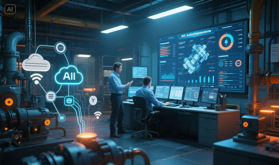 Photorealistic image of an industrial maintenance control center using IoT and Artificial Intelligence, with real-time dashboards, smart equipment sensors, and predictive maintenance analytics.