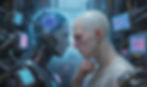 Futuristic illustration showing a human and an intelligent robot face to face in a cybernetic environment, representing the dilemma between human consciousness and conscious AI, with emphasis on self-awareness challenges.