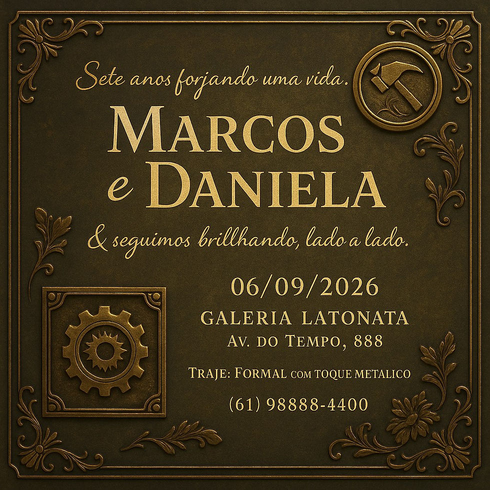 Convite moderno para aniversário de casamento de 7 anos com tema de Latão, estilo contemporâneo com acabamento metalizado. Gerado com inteligência artificial.