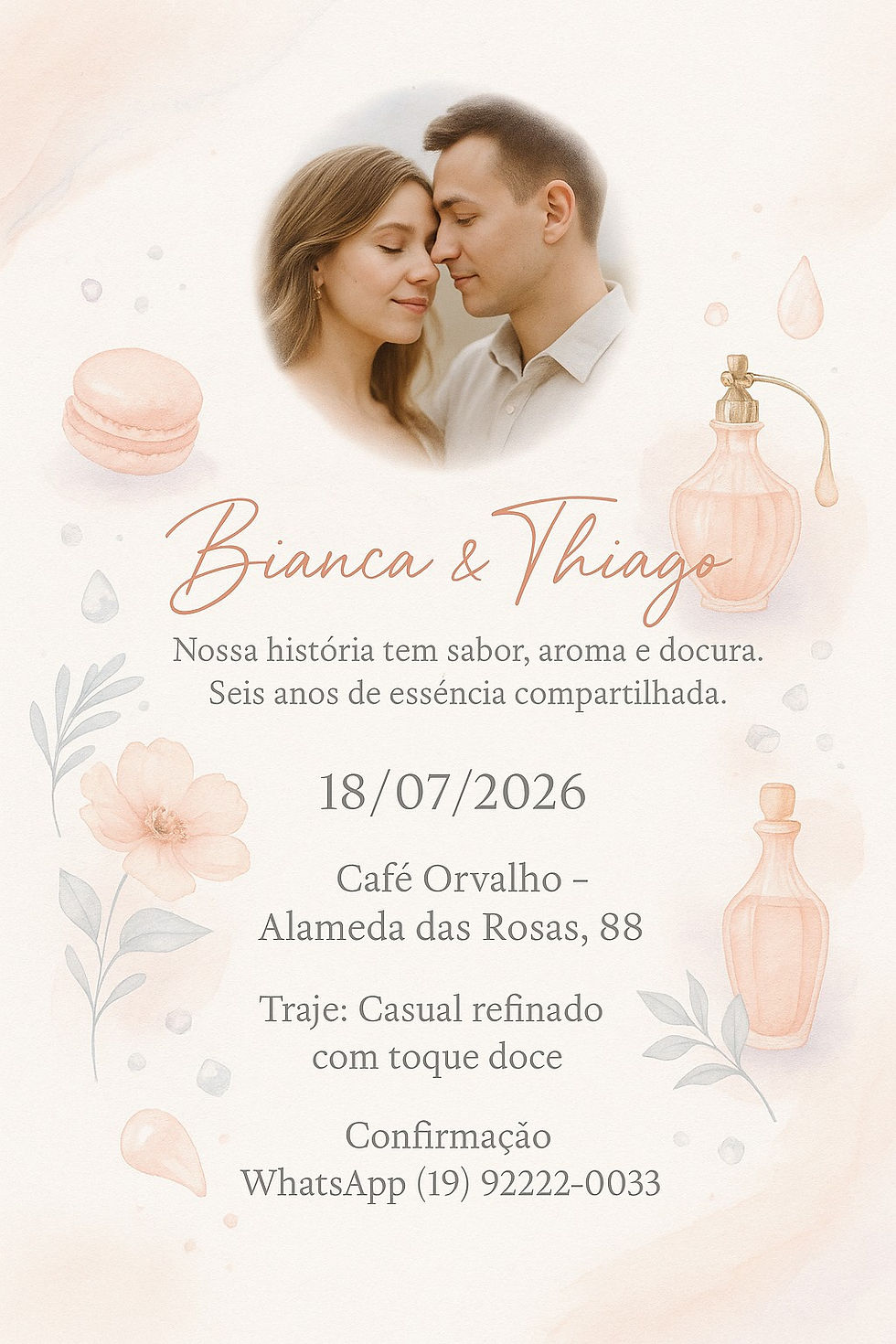 Convite moderno para 6 anos de casamento – Bodas de Açúcar ou Perfume, com design elegante e aroma visual inspirado em fragrâncias e doçura. Gerado com IA.