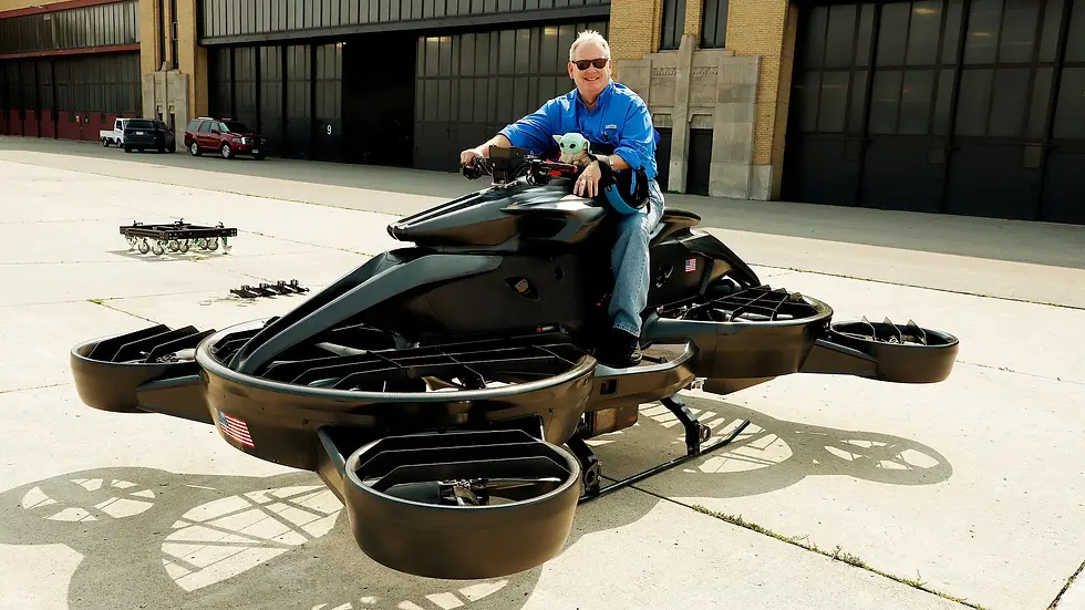 Image of the XTurismo on display — electric hoverbike with exposed propellers and aerodynamic structure — next-gen personal aerial vehicle.
