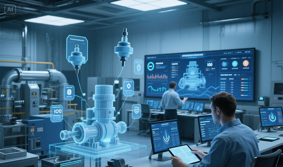 Photorealistic image of an industrial maintenance control center with IoT sensors, digital dashboards, and technicians analyzing temperature, vibration, pressure, and humidity data for asset optimization and predictive maintenance.