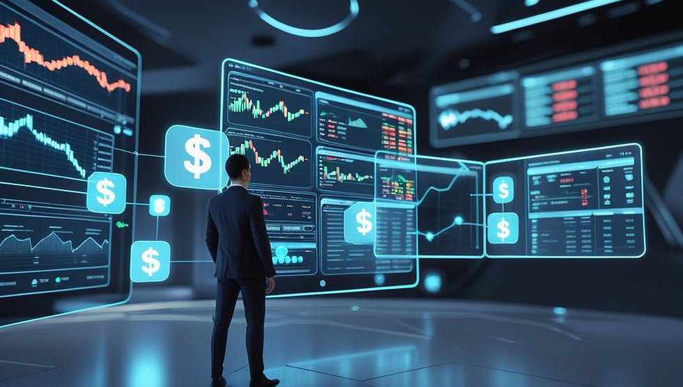 Digital image of an investor interacting with AI assistants through a futuristic financial data dashboard, representing the use of artificial intelligence in investment strategies and portfolio management.