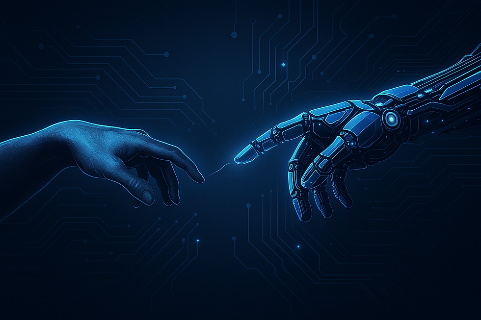 Ilustração futurista mostra a mão de um humano tocando a de um robô em referência à Criação de Adão, simbolizando a união entre linguagem natural e IA através da Engenharia de Prompt.