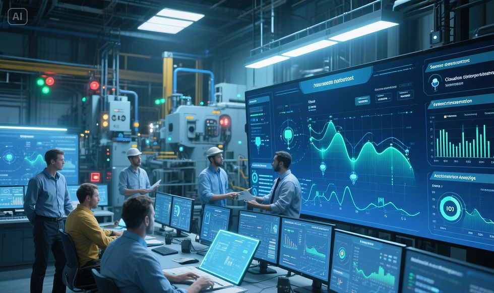 Photorealistic image of an industrial control room with engineers and maintenance managers monitoring real-time IoT sensor data, featuring stages like sensor deployment, system integration, and predictive analytics for maintenance management.