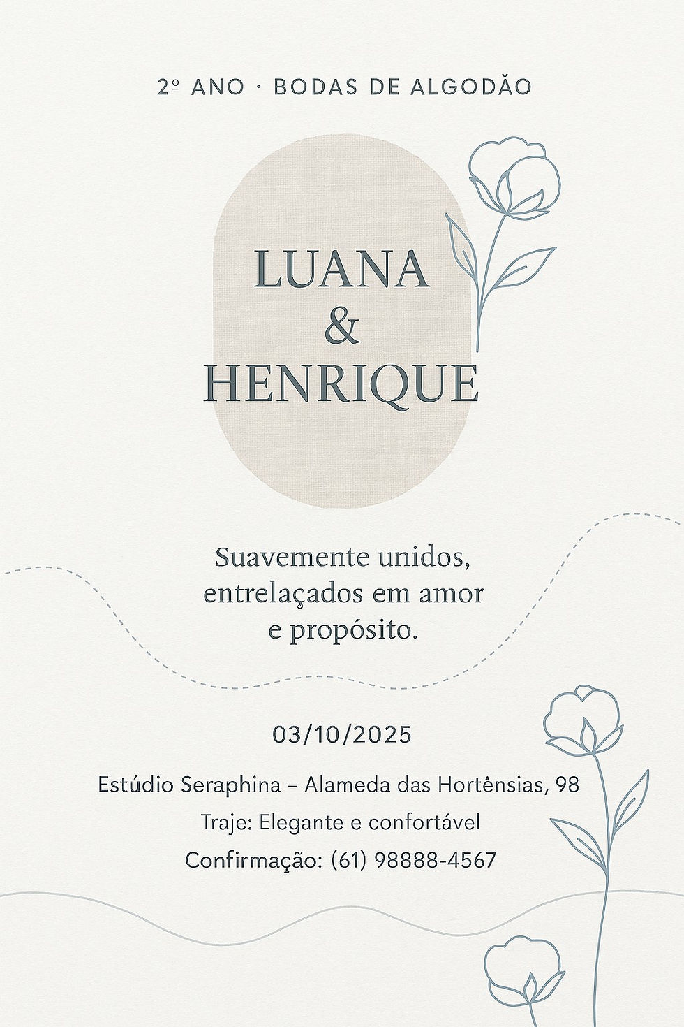Convite moderno para Bodas de Algodão, com estilo leve e minimalista, explorando o toque macio e acolhedor do algodão. Gerado com IA no ChatGPT.