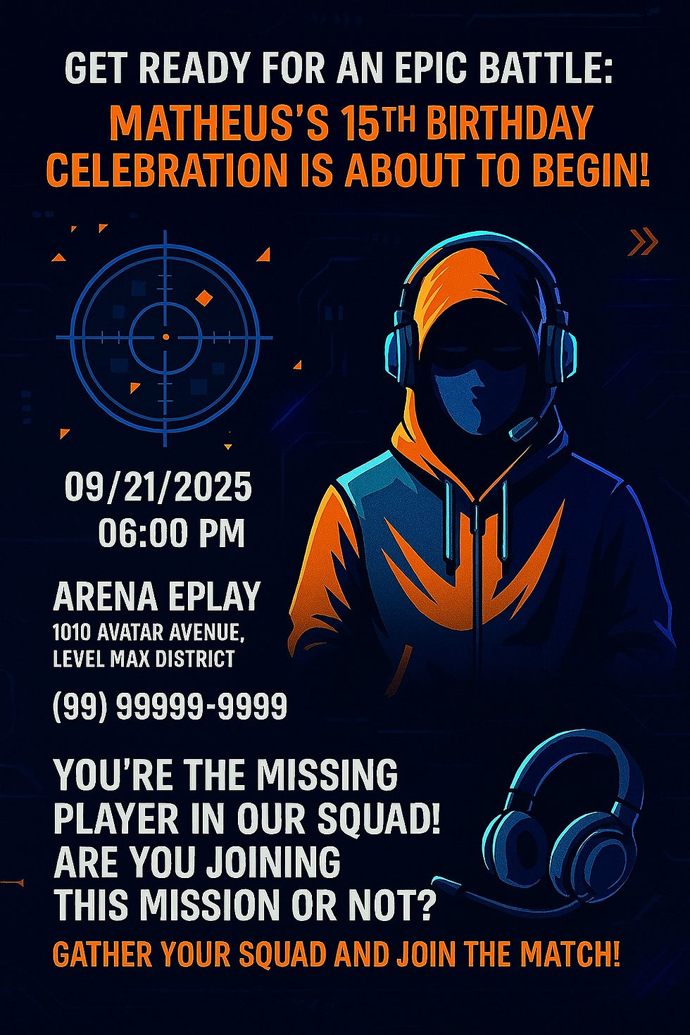 Digital birthday invitation with a modern gaming theme for Matheus, 15 years old. Gamer-style design featuring dark tones, blue and orange neon, headset, minimap, and hooded character, inspired by e-sports and battle games.