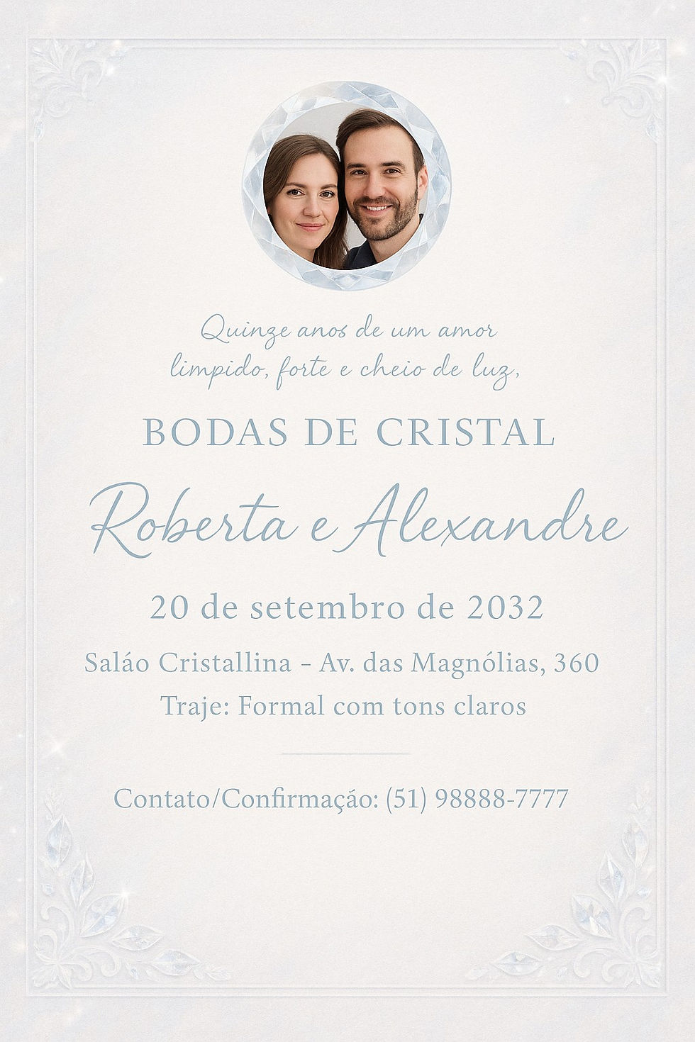 Convite de aniversário de casamento para 15 anos – Bodas de Cristal, com design elegante, transparências sutis e ornamentos cintilantes que refletem pureza e solidez. Criado com ChatGPT.