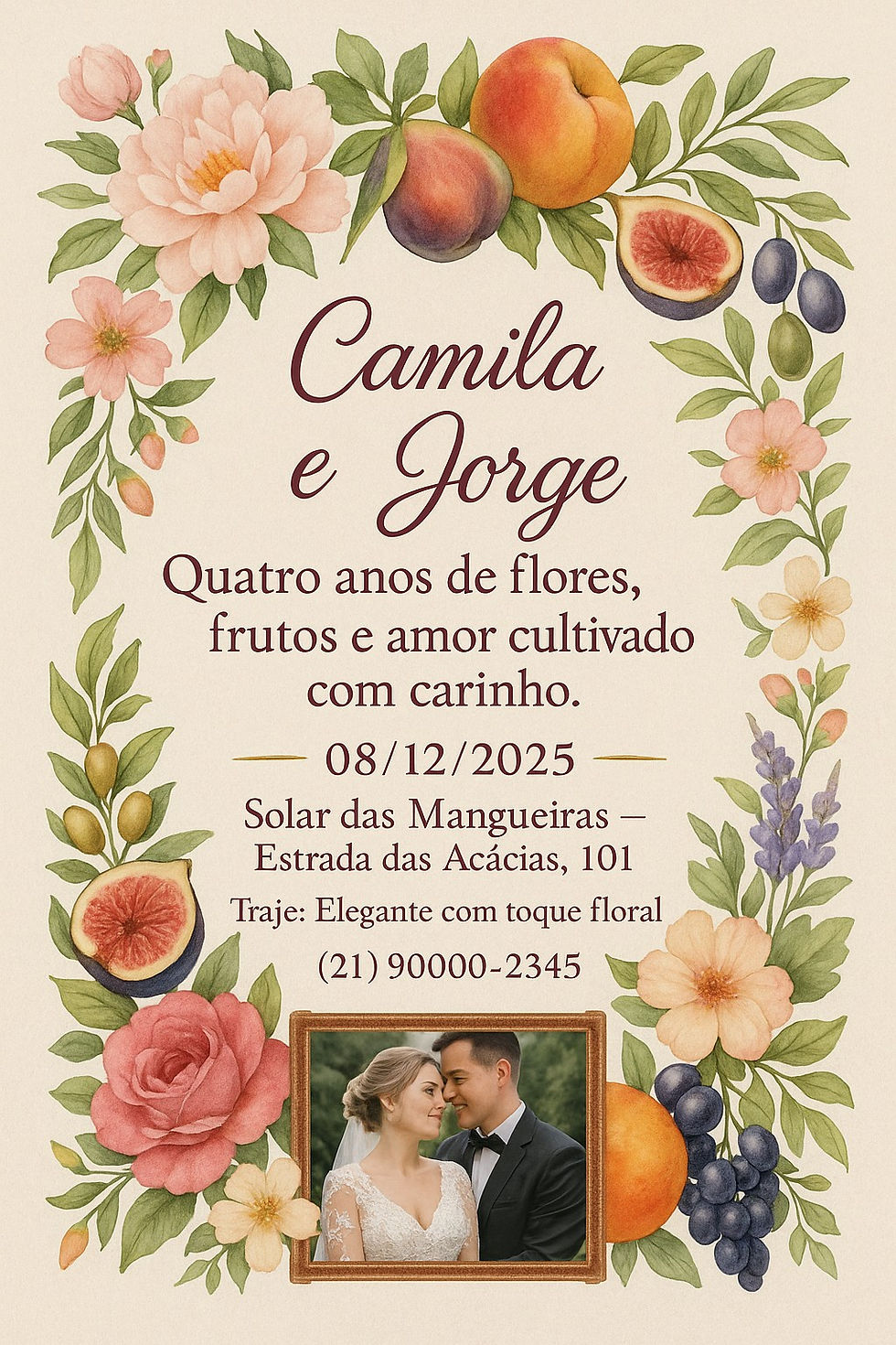 Convite clássico de Bodas de Flores e Frutas, com ilustrações botânicas e design elegante. Modelo criado com prompts otimizados no ChatGPT.