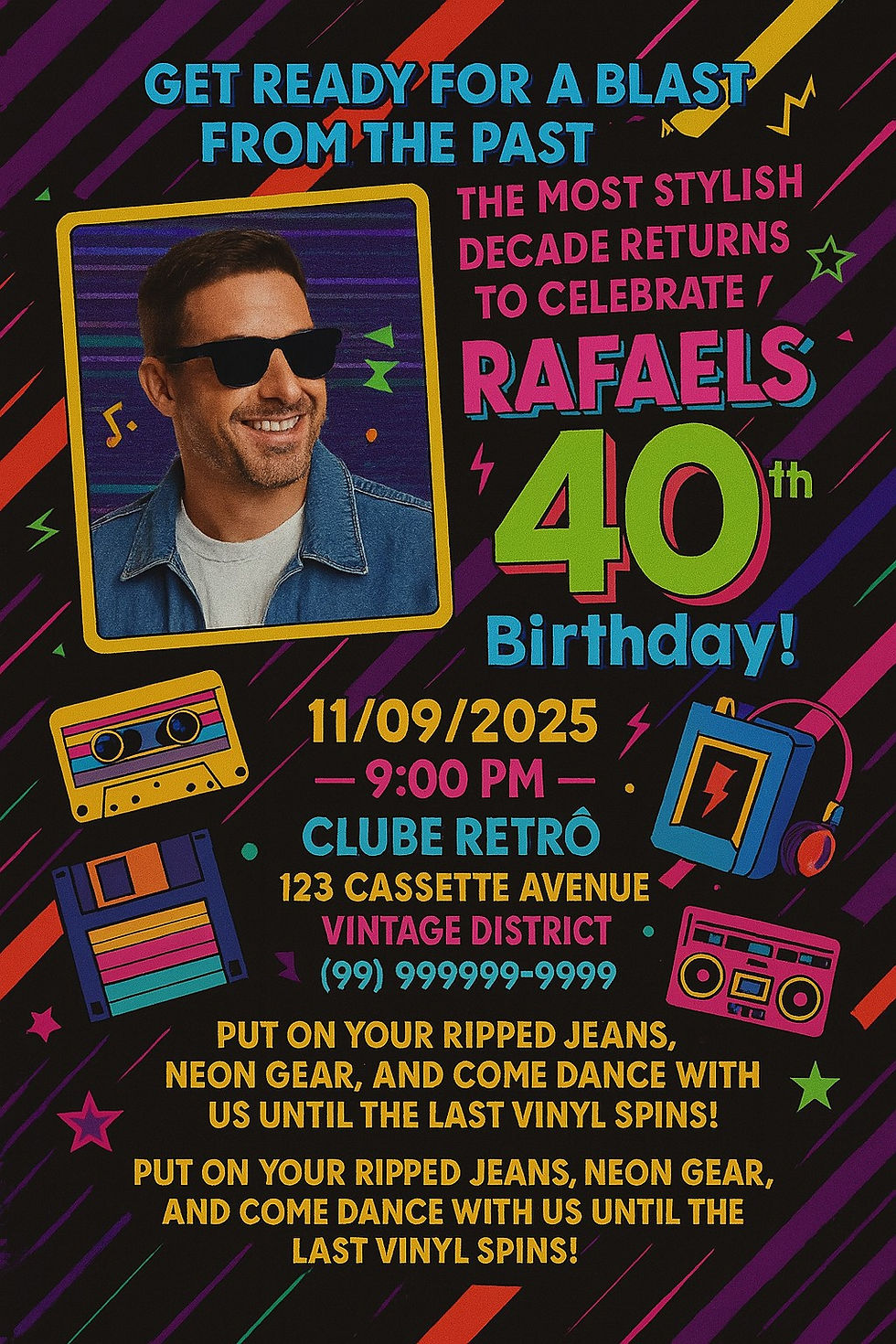 80s/90s retro-themed adult birthday invitation, featuring vibrant neon colors, cassette tapes, floppy disks, and walkman — perfect for a fun and nostalgic 40th birthday party.