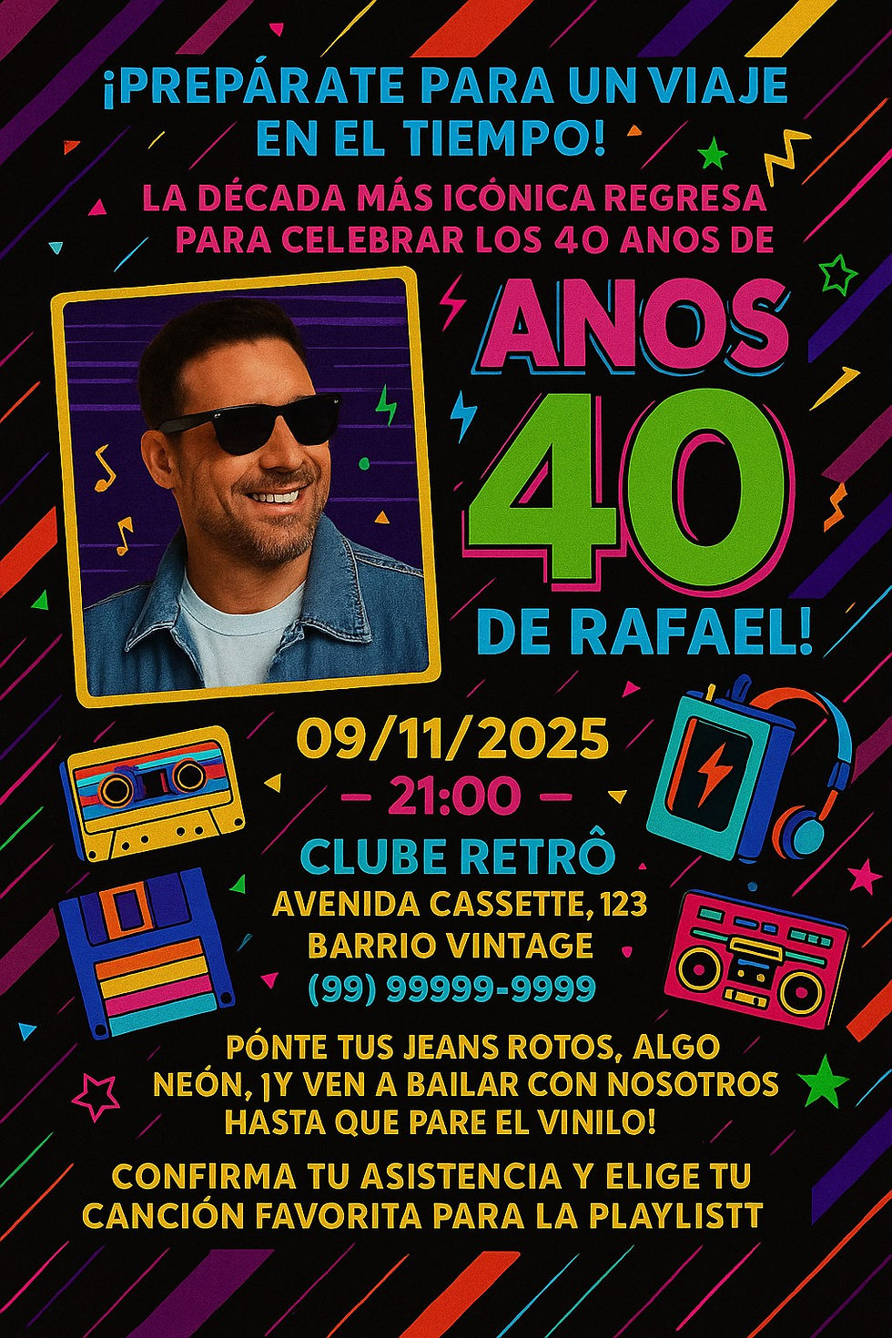 Invitación de cumpleaños para adultos con temática retro de los años 80/90, con colores neón vibrantes, casetes, disquetes y walkman — ideal para una fiesta nostálgica y divertida de 40 años.