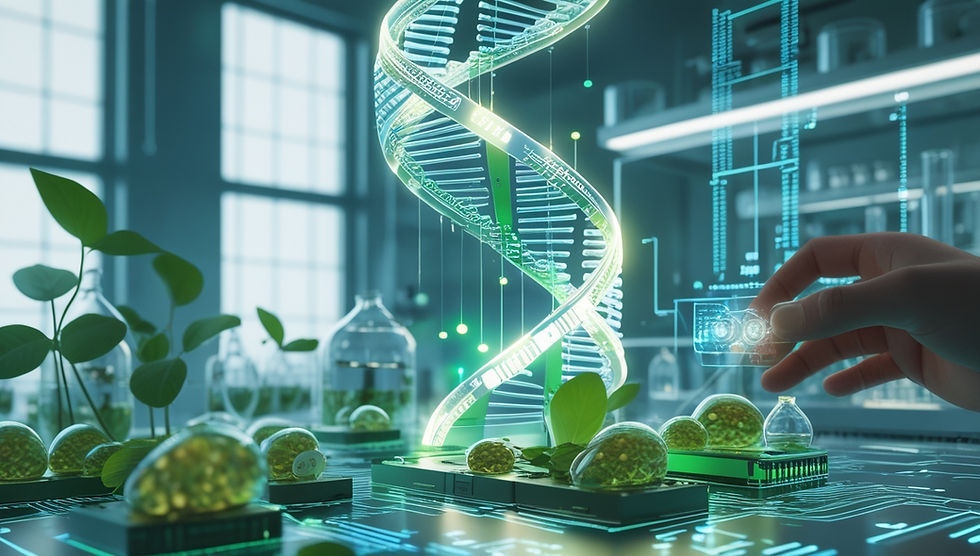 Representação artística da biologia sintética como fusão entre DNA e circuitos, destacando engenharia genética avançada e aplicações em saúde, agricultura e sustentabilidade.